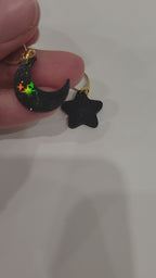 Black Moon and Star earings with holographic patterns

