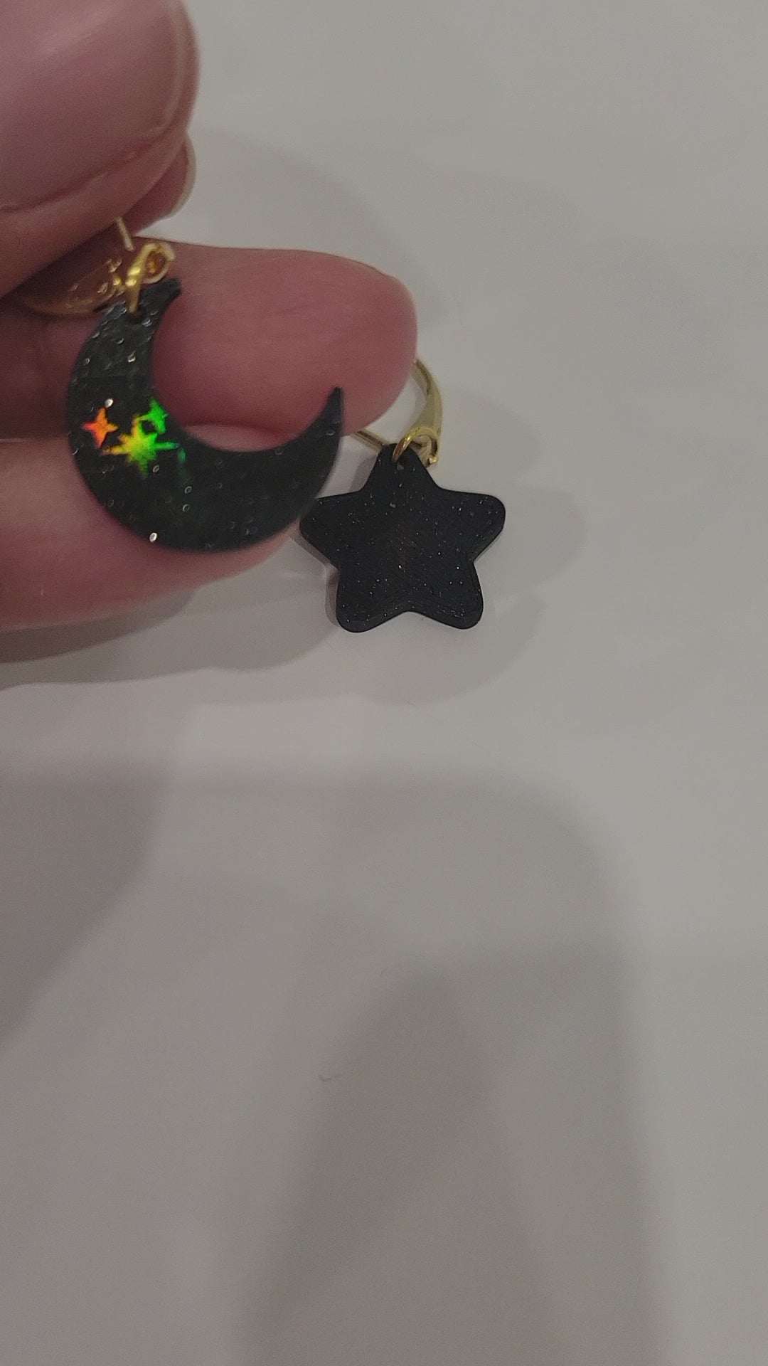 Black Moon and Star earings with holographic patterns
