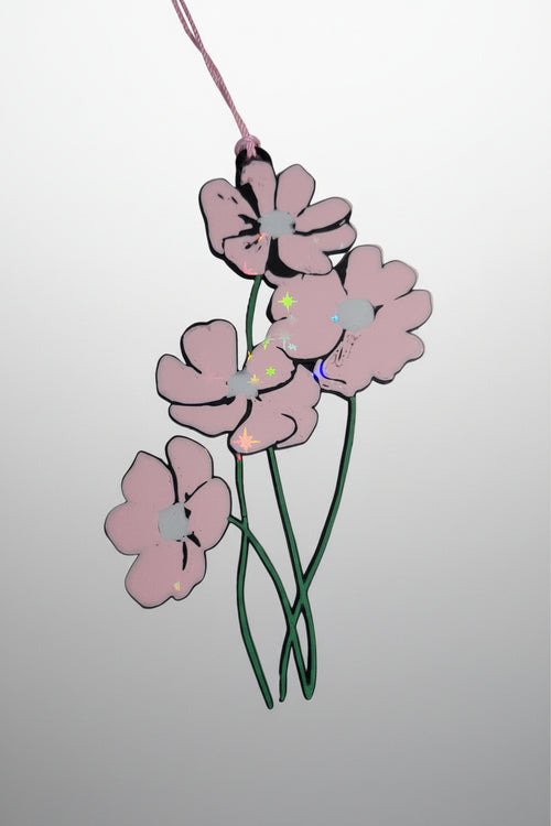 3D Holographic decorative pink flowers with green stems bookmark 
