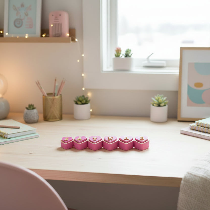 Personalized heart clicker with custom name in gold letters — biodegradable PLA desk fidget by Aurelis Design Studio