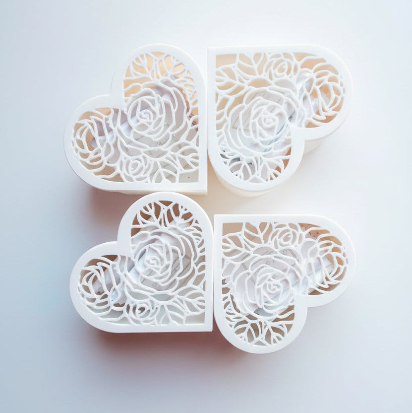 Heart Jewellery Box in White – four units displayed together, lace lid detail, biodegradable PLA by Aurelis Design Studio