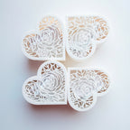 Heart Jewellery Box in White – four units displayed together, lace lid detail, biodegradable PLA by Aurelis Design Studio