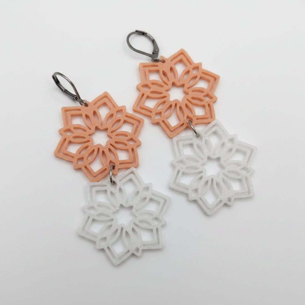 Snowflake Earrings in Peach and White — delicate snowflake design, biodegradable PLA by Aurelis Design Studio