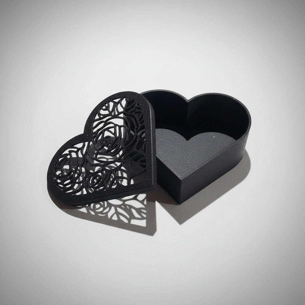 Heart Jewellery Box – top view showing lace lid pattern, biodegradable PLA in black by Aurelis Design Studio