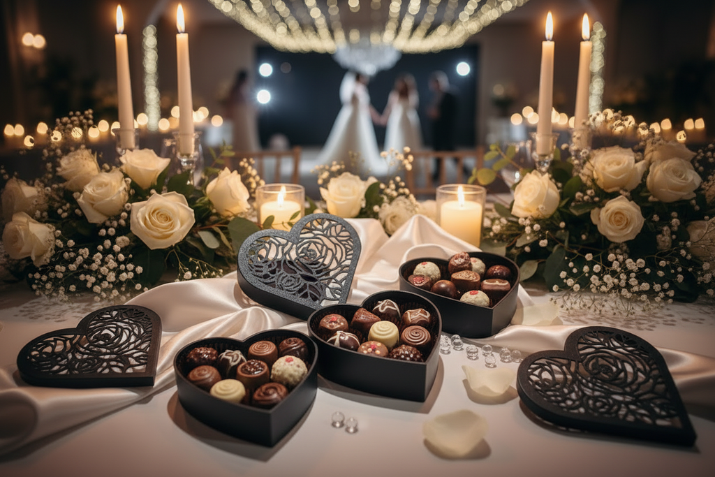 Heart Jewellery Box styled as a gift favour in a romantic table setting, available in White, Black & Coral by Aurelis Design Studio