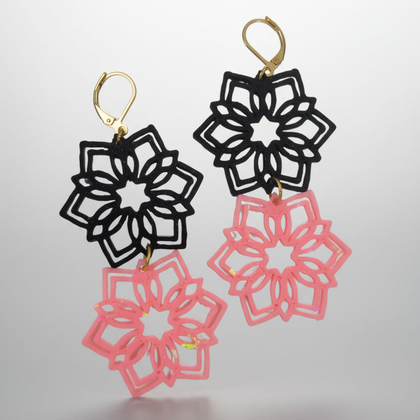 Snowflake Earrings in Black and Pink with Gold Hoops by Aurelis Design Studio