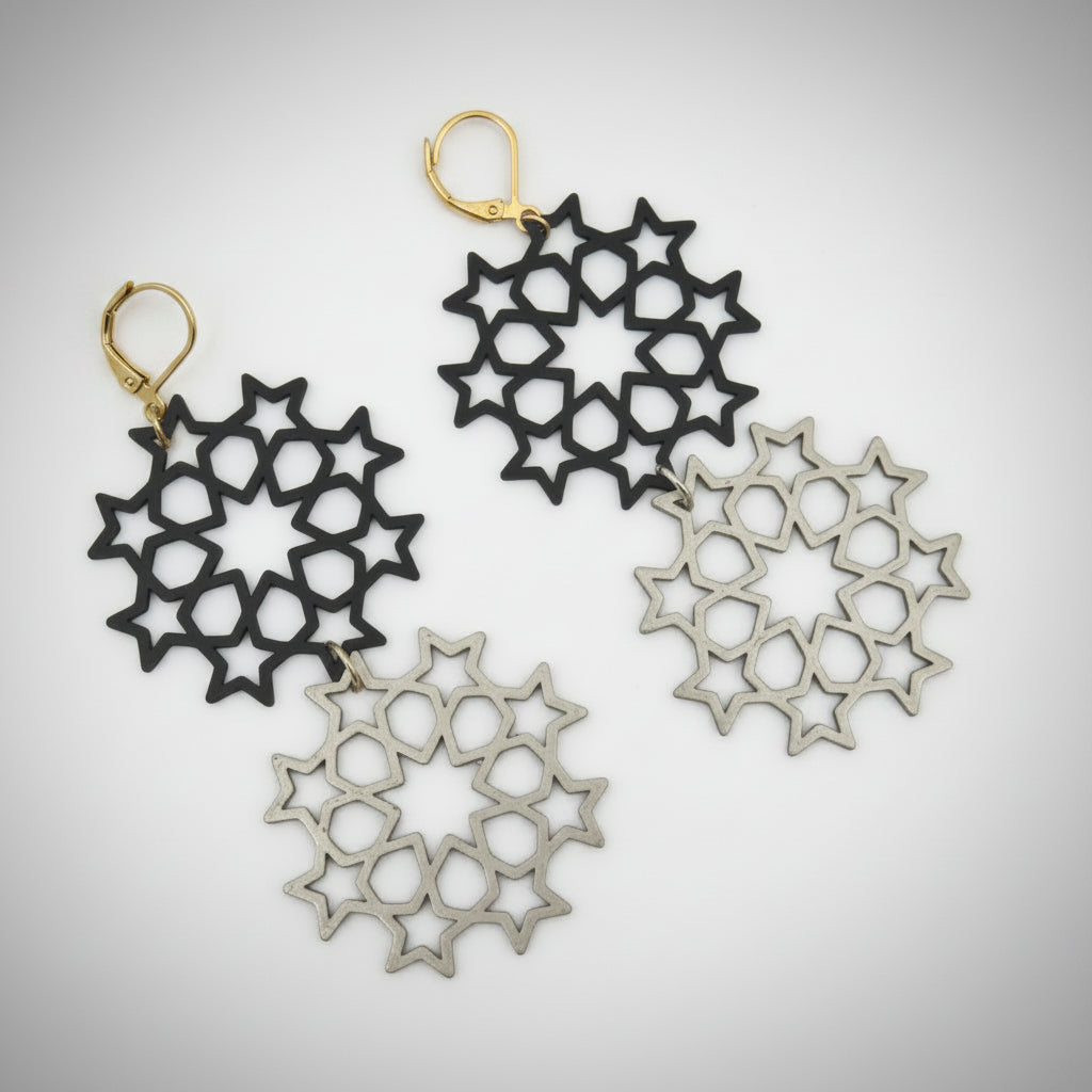 Double Star Cluster Earrings in black and bronze — cosmic two-tone design
striking celestia