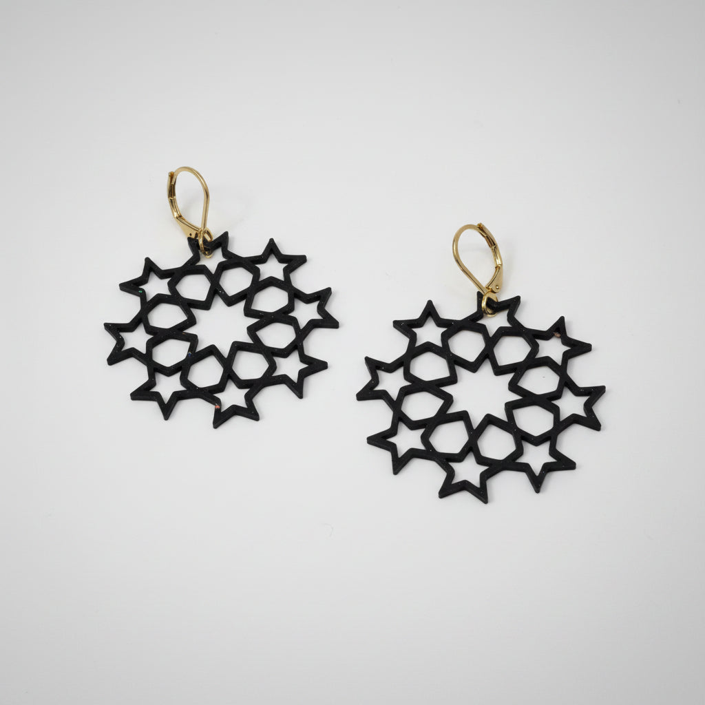 Close-up of Star Cluster Earrings showing biodegradable PLA material and star detail in black color by Aurelis Design Studio