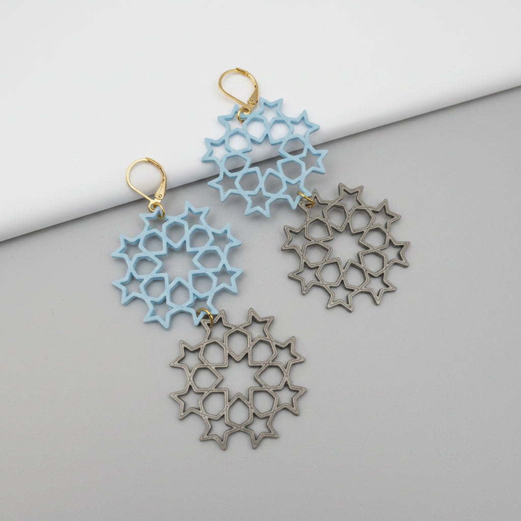 Double Star Cluster Earrings in blue and bronze — cosmic two-tone design by Aurelis Design Studio

