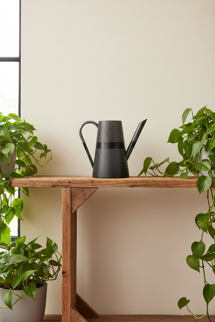 Black watering can on a wooden table with plants around by Aurelis Design Studio