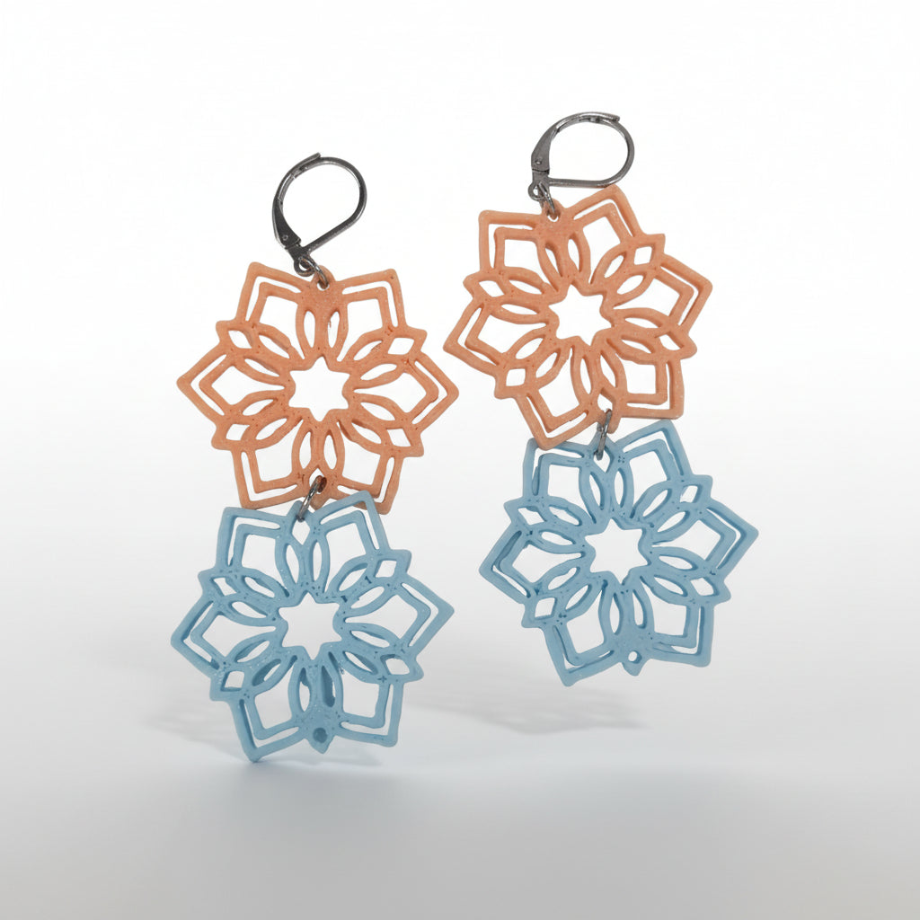 Snowflake Earrings in Peach Blue with Silver Hoops by Aurelis Design