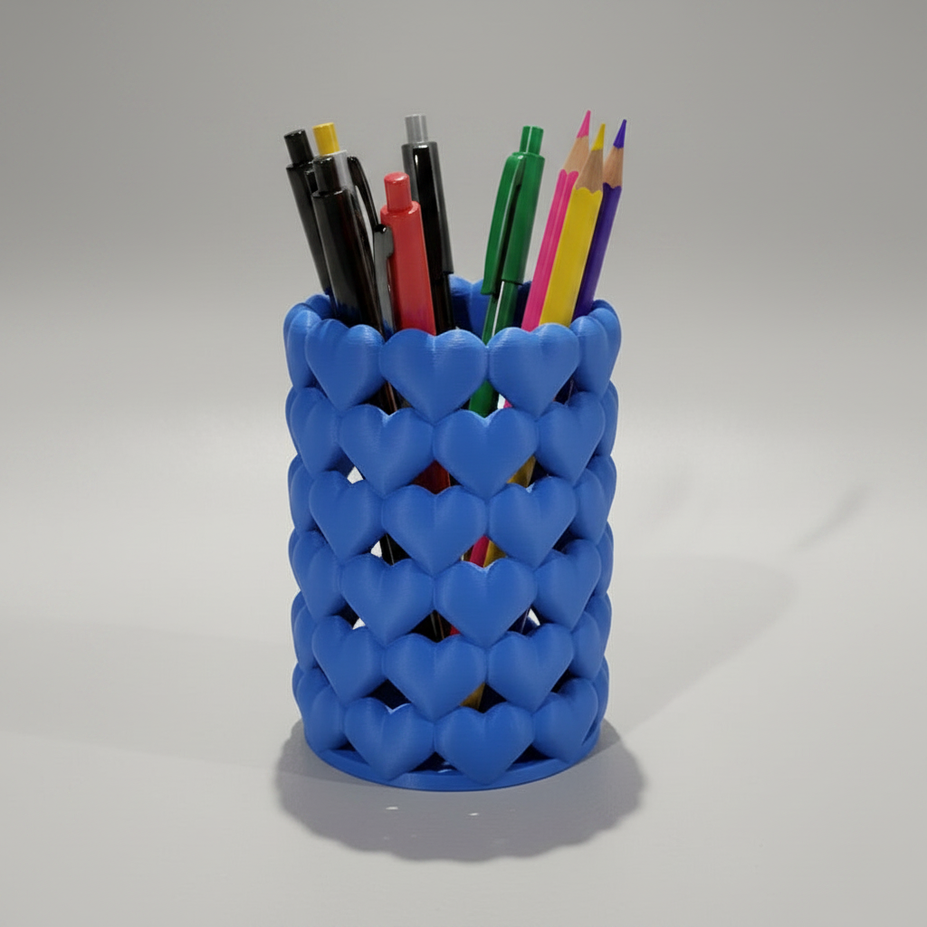 Blue heart-patterned pencil holder with colorful pens and pencils on a gray background by Aurelis Design Studio
