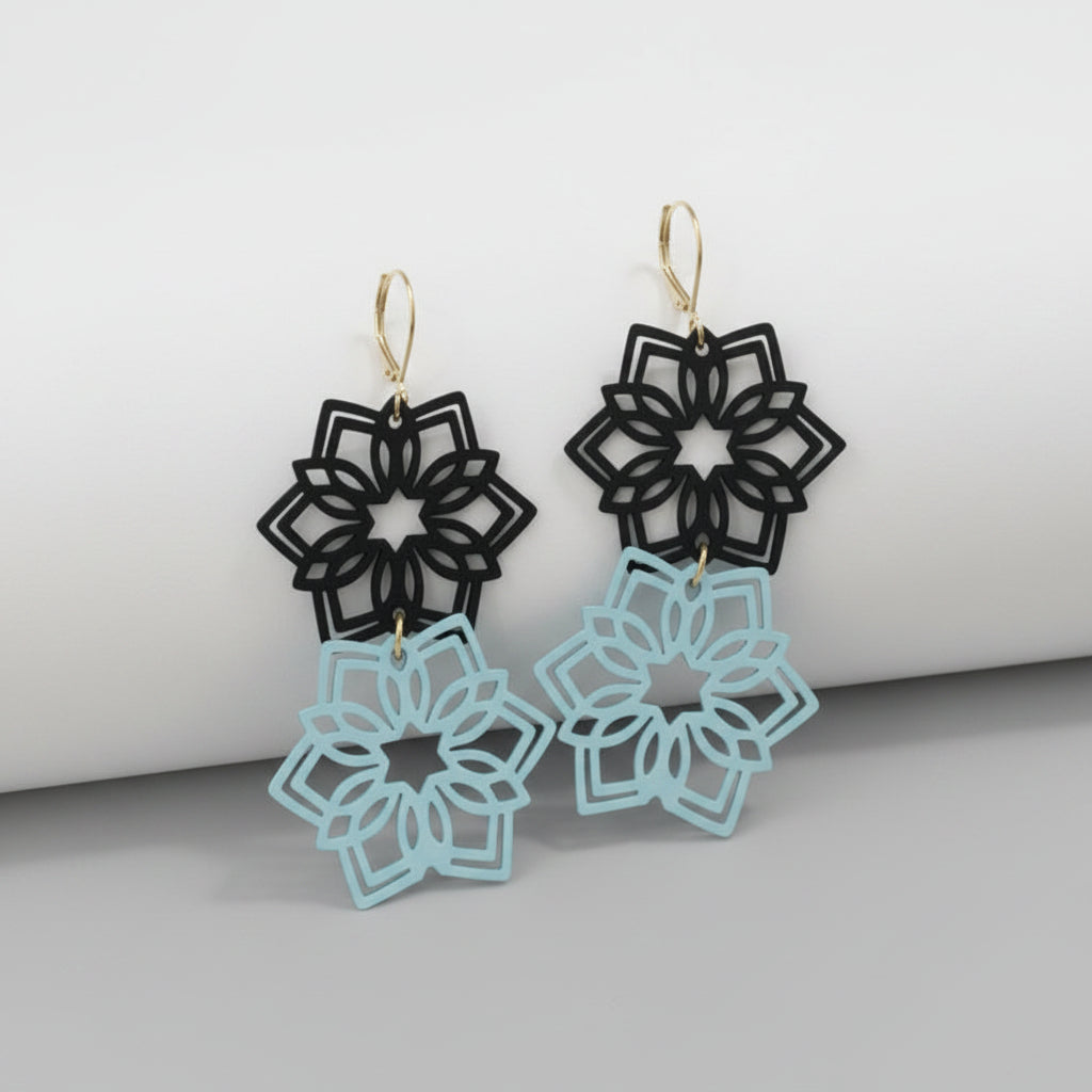 Snowflake Earrings in Black and Blue — double trailing snowflake design by Aurelis Design Studio
