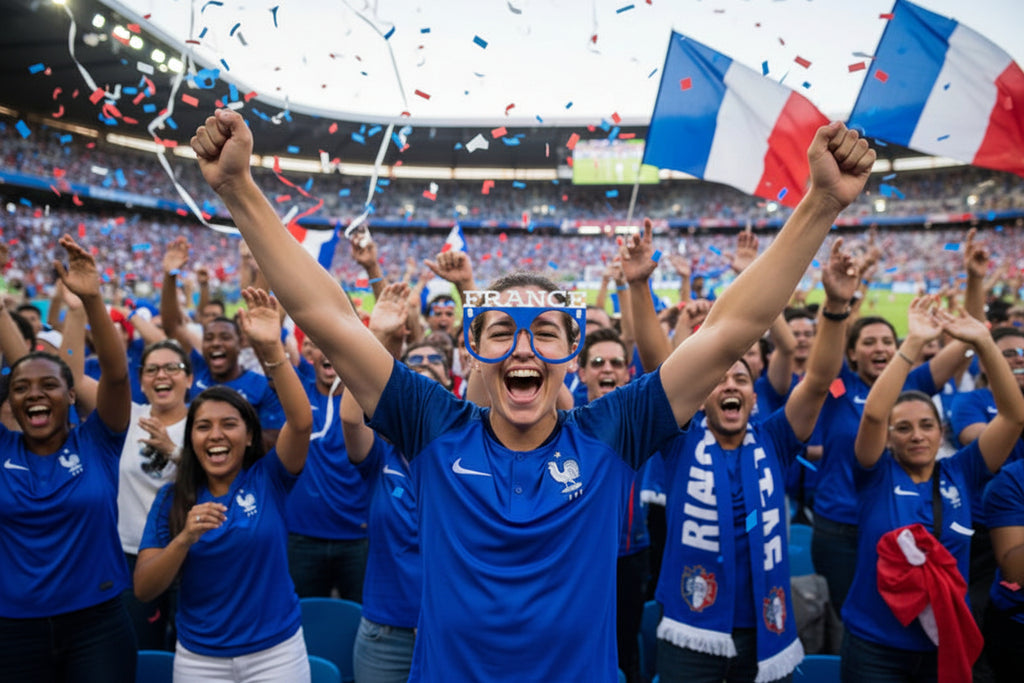 people in blue shirts celebrating with French flags in a stadium