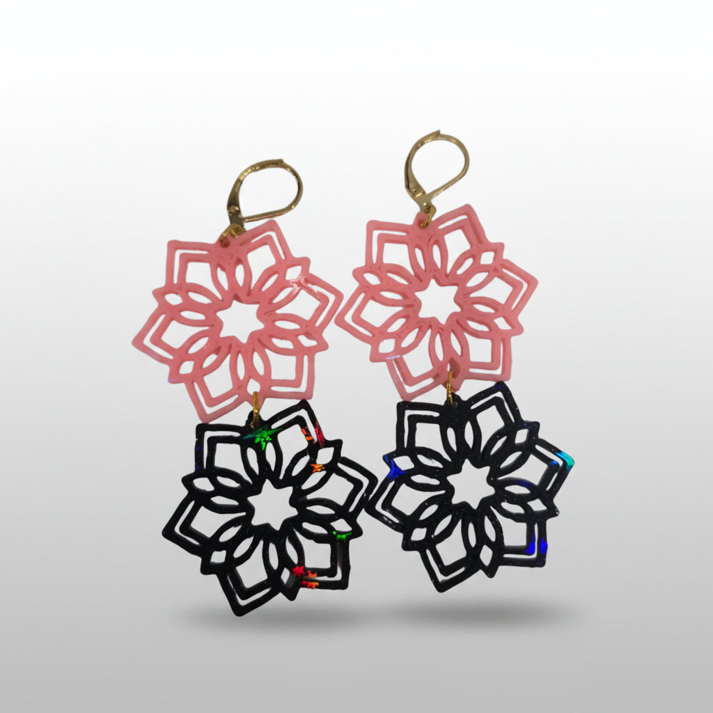 Snowflake Earrings in Pink Black with Gold Hoops by Aurelis Design Studio
