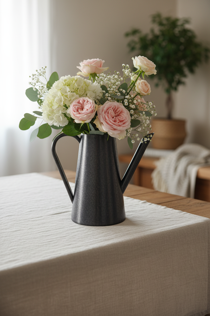 Black watering can with flowers on a tablecloth-covered table by Aurelis Design Studio