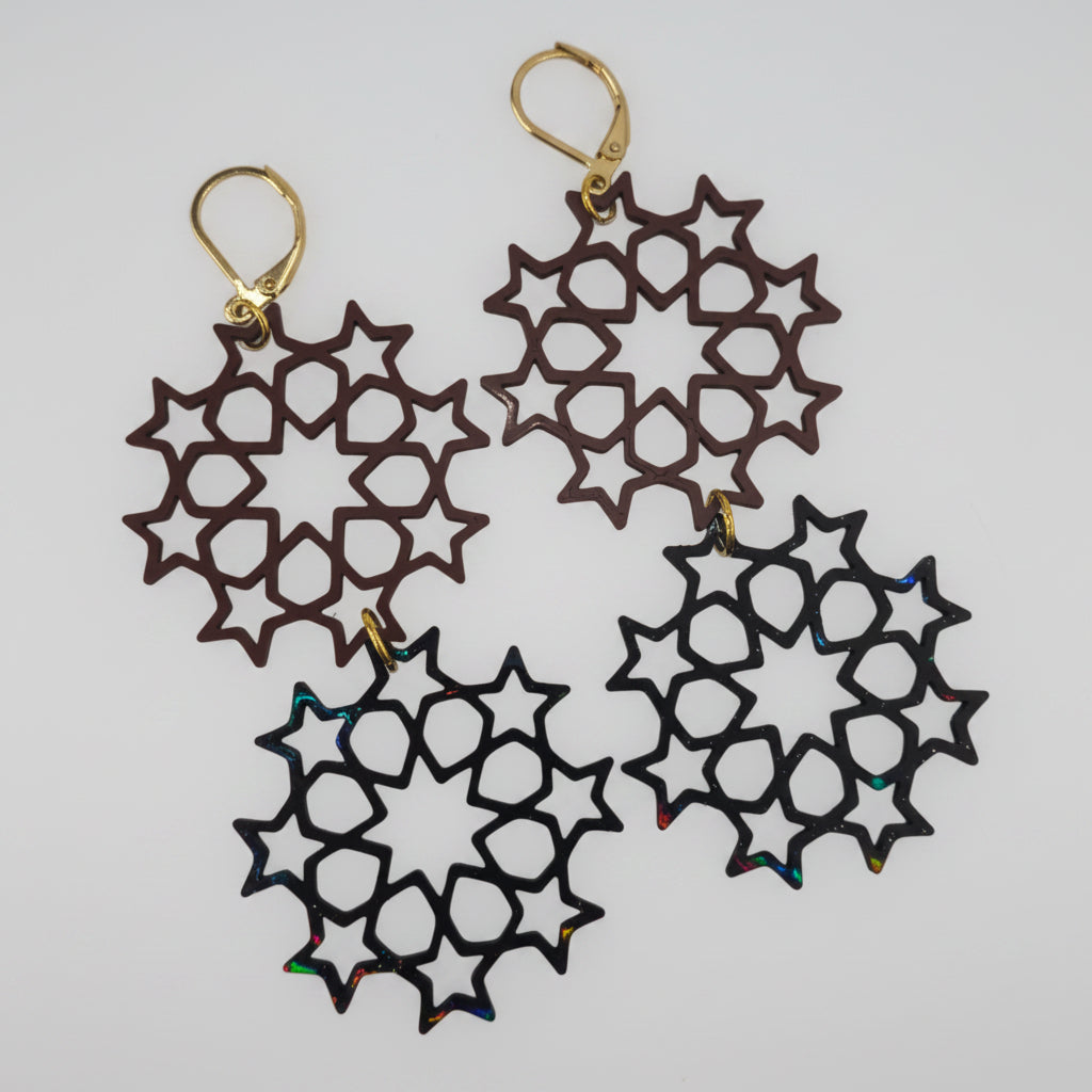 Double Star Cluster Earrings in rouge and black — by Aurelis Design Studio