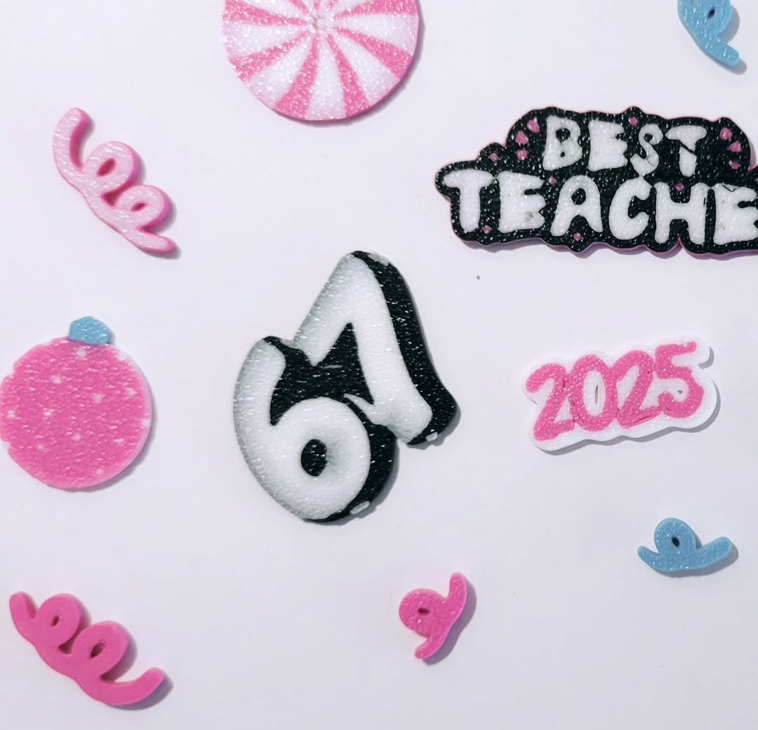 Custom 3D printed piece by Aurelis Design Studio of 67, 2025, best teacher, confetti, peppermint candy, ornament on a white background
