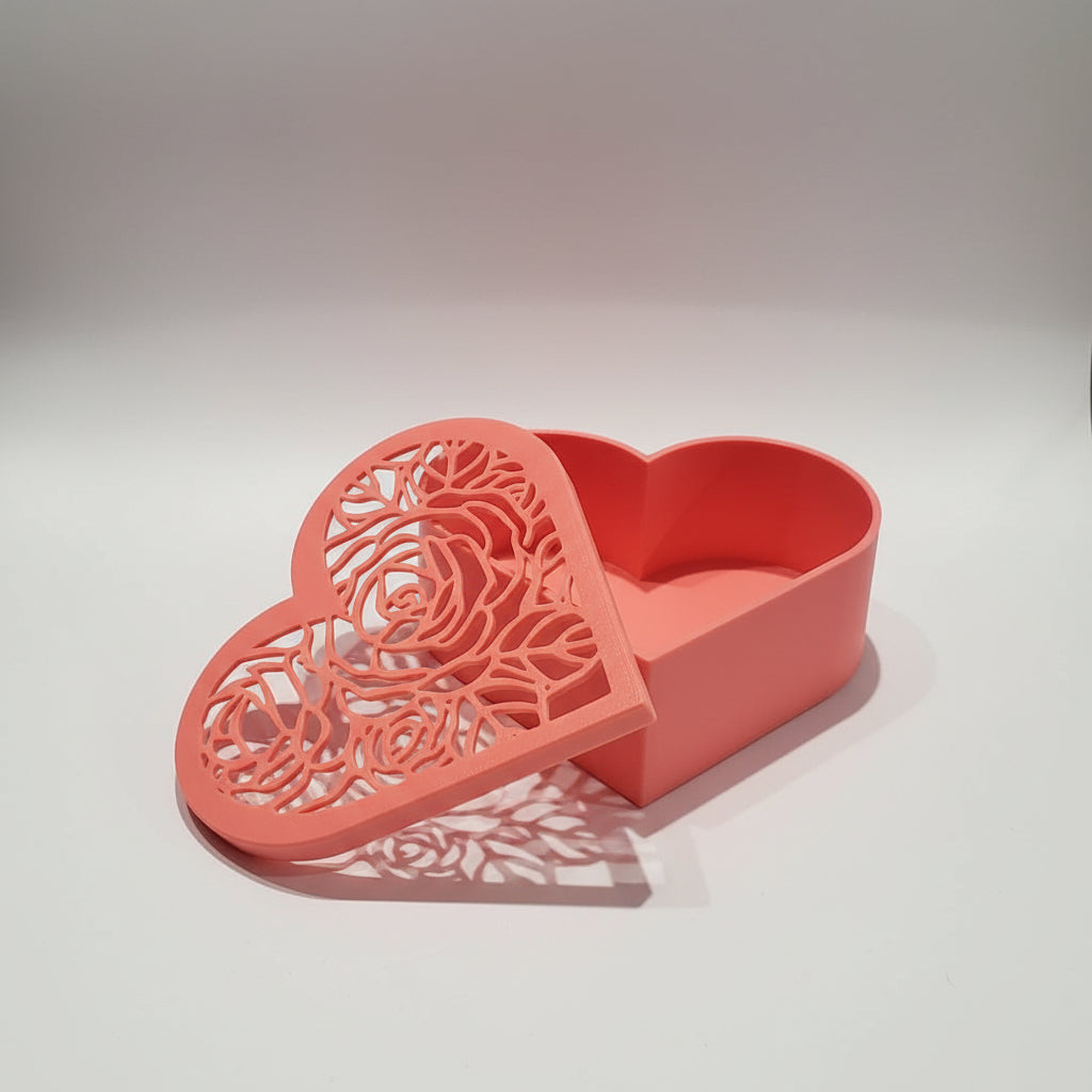 Heart Jewellery Box in Coral – Open view, lace lid, biodegradable PLA by Aurelis Design Studio