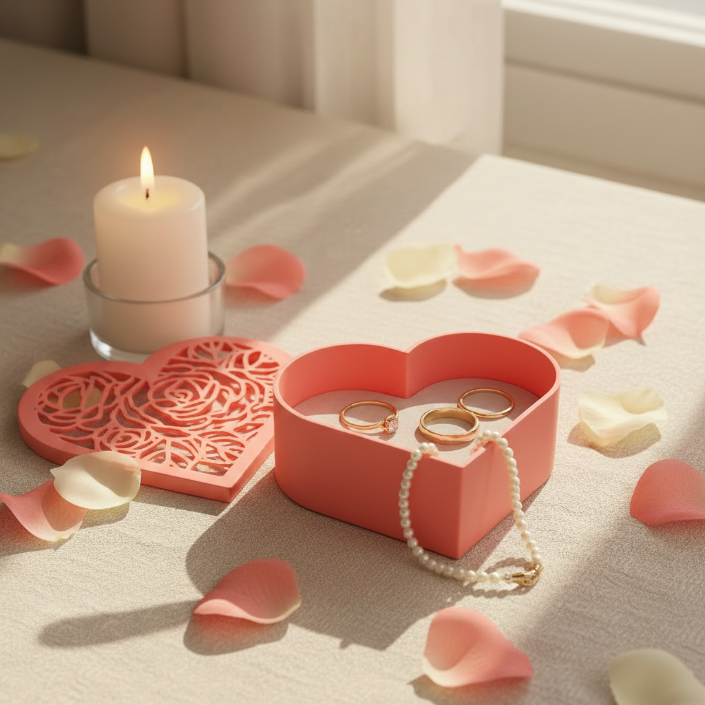 Heart Jewellery Box in Coral – lifestyle shot with jewellery and candle, biodegradable PLA by Aurelis Design Studio