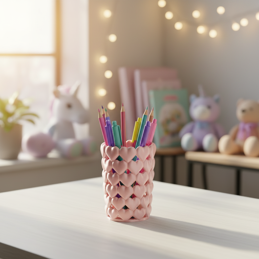 Pink textured pencil holder with colorful pencils on a table in a cozy room with toys and lights by Aurelis Design Studio.