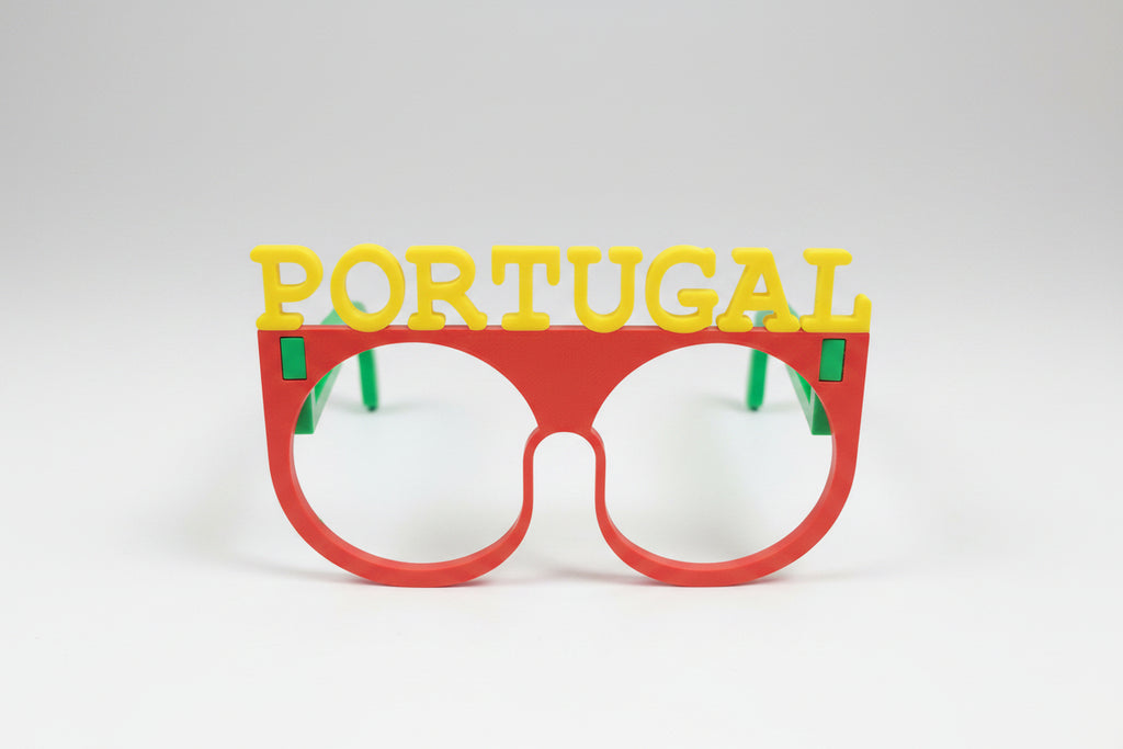 Red and green sunglasses with 'Portugal' text on a white background