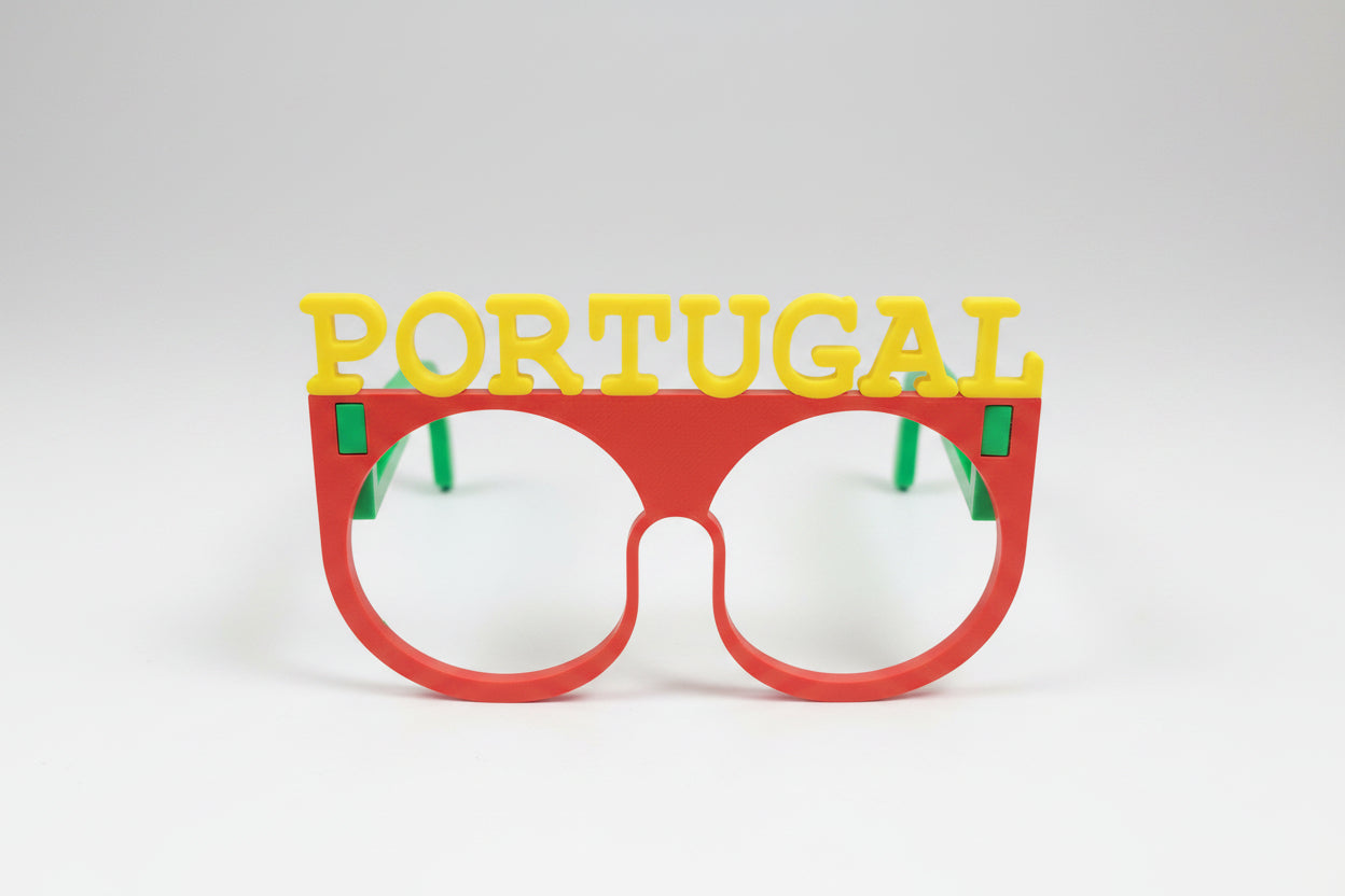 Red and green sunglasses with 'Portugal' text on a white background