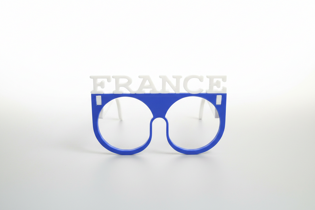 Blue eyeglasses with 'FRANCE' text on a white background