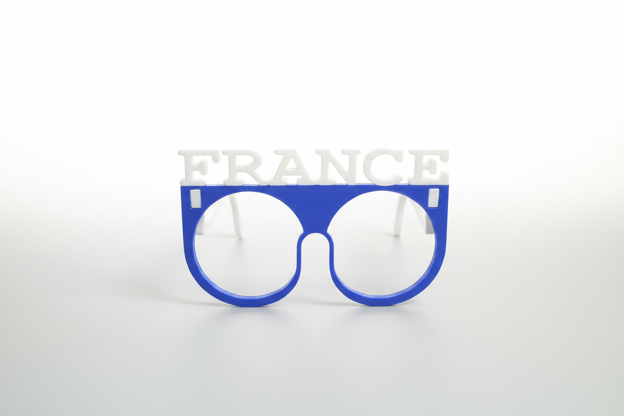 Blue eyeglasses with 'FRANCE' text on a white background