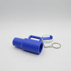 Blue container with handle and keychain on a white background