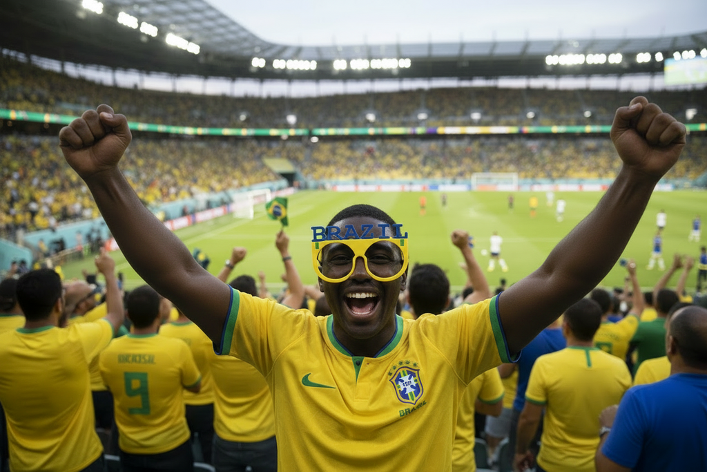 Person wearing Brazil-themed sunglasses and a yellow jersey in a stadium with fans.