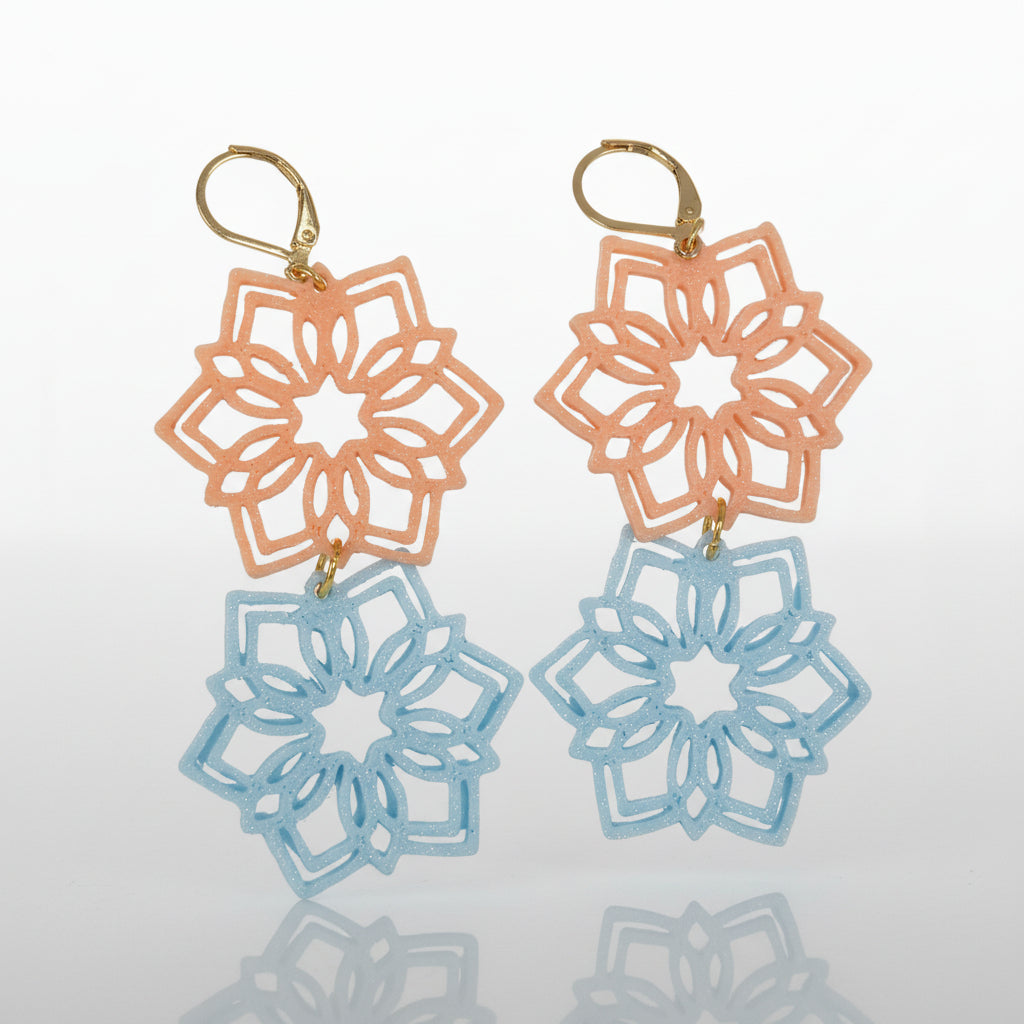 Snowflake Earrings in Peach Blue with Gold Hoops by Aurelis Design Studio