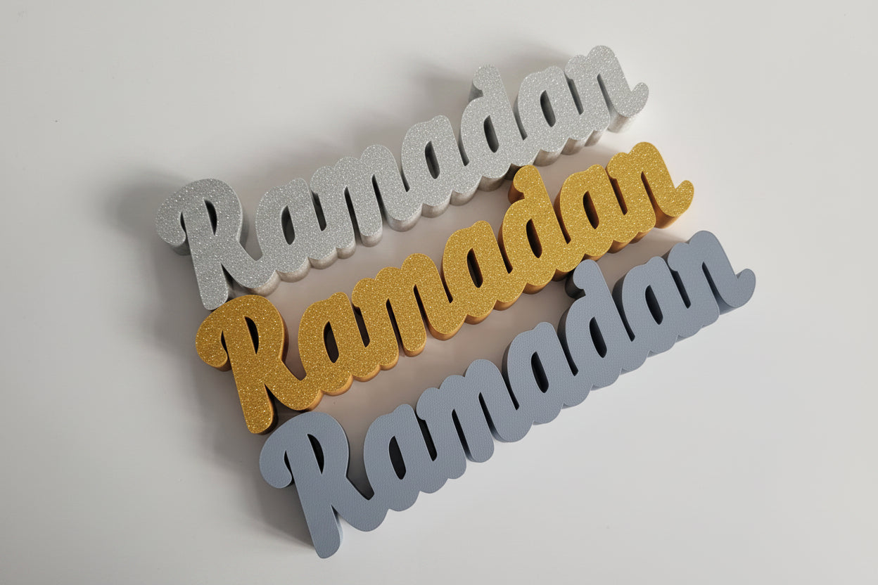 Bespoke 3D printed custom text in three colors - white, gold and grey – Aurelis Design Studio
