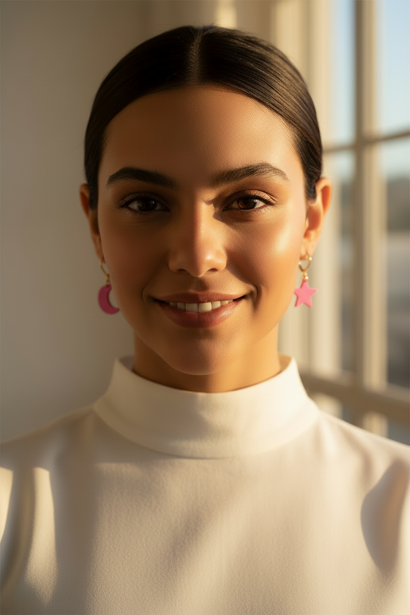 Woman wearing pink earrings with a blurred background
