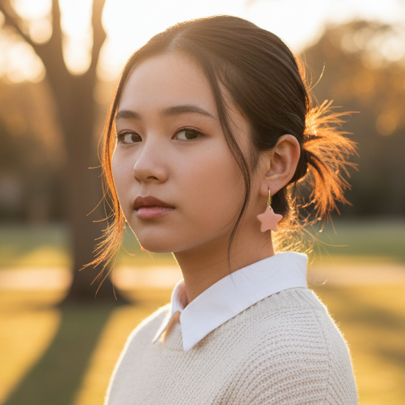 Woman with a ponytail in a park during sunset wearing star shaped earing