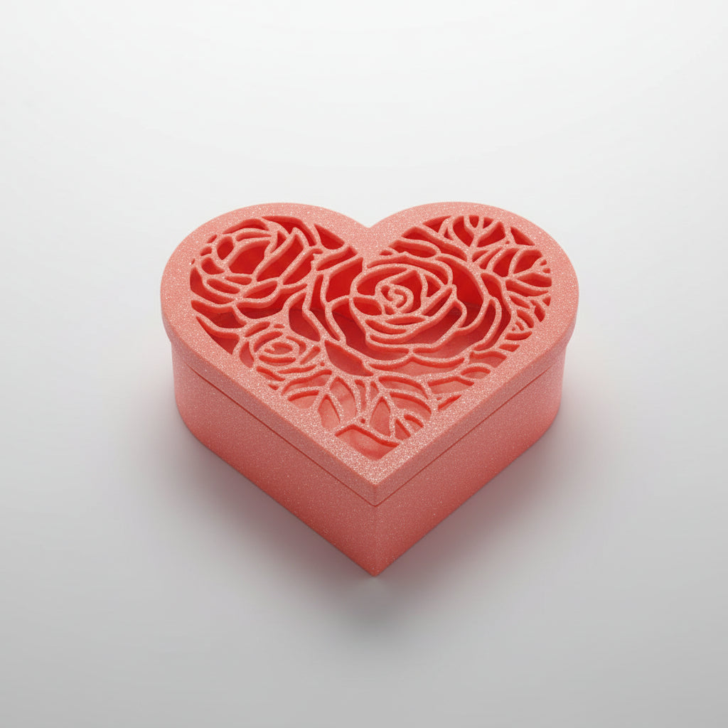 Heart Jewellery Box in Coral – top view, lace lid, biodegradable PLA by Aurelis Design Studio