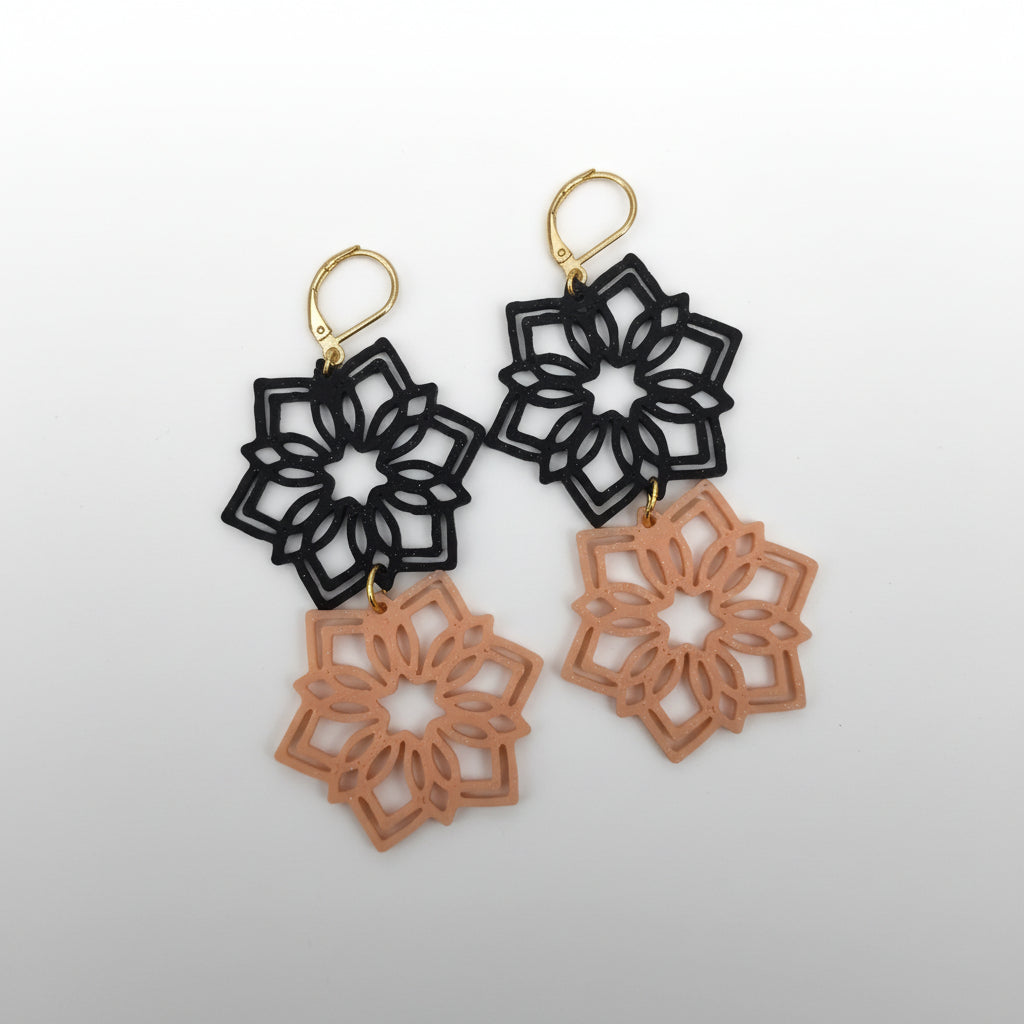 Snowflake Earrings in Black and Peach — lightweight eco-friendly jewelry by Aurelis Design Studio
