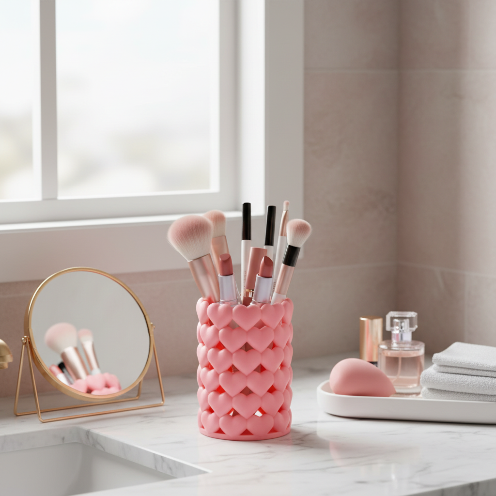 Pink heart-patterned makeup brush holder with brushes on a bathroom counter by Aurelis Design Studio.