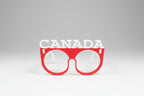 Red sunglasses with 'Canada' text on a gray background