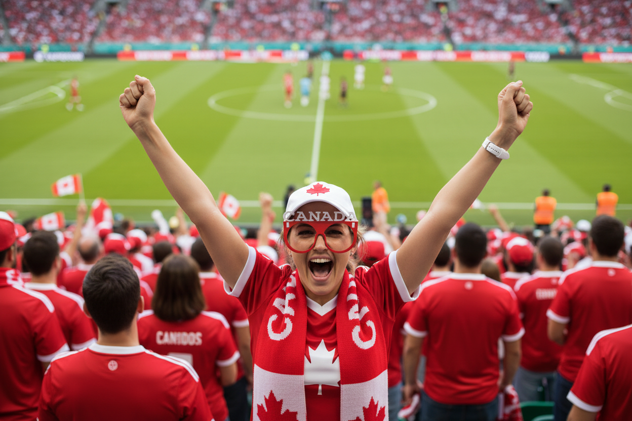 Person in red and white Canadian-themed clothing celebrating  wearing "Canada" glasses at a sports event.